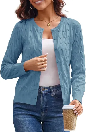 GRACE KARIN Women's Long Sleeve Button Up Cable Knit Cardigan Lightweight 2025 Crewneck Button Down Sweaters for Women