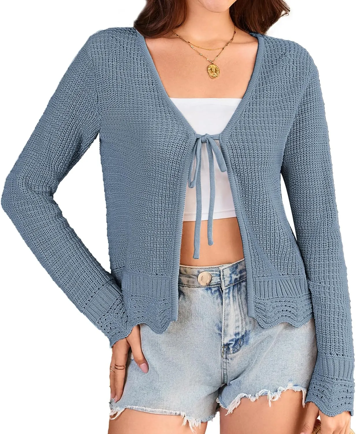 GRACE KARIN Women's Long Sleeve Cardigan Tie Front V Neck Crochet Lightweight Shrug Sweaters for Dresses Knit Top