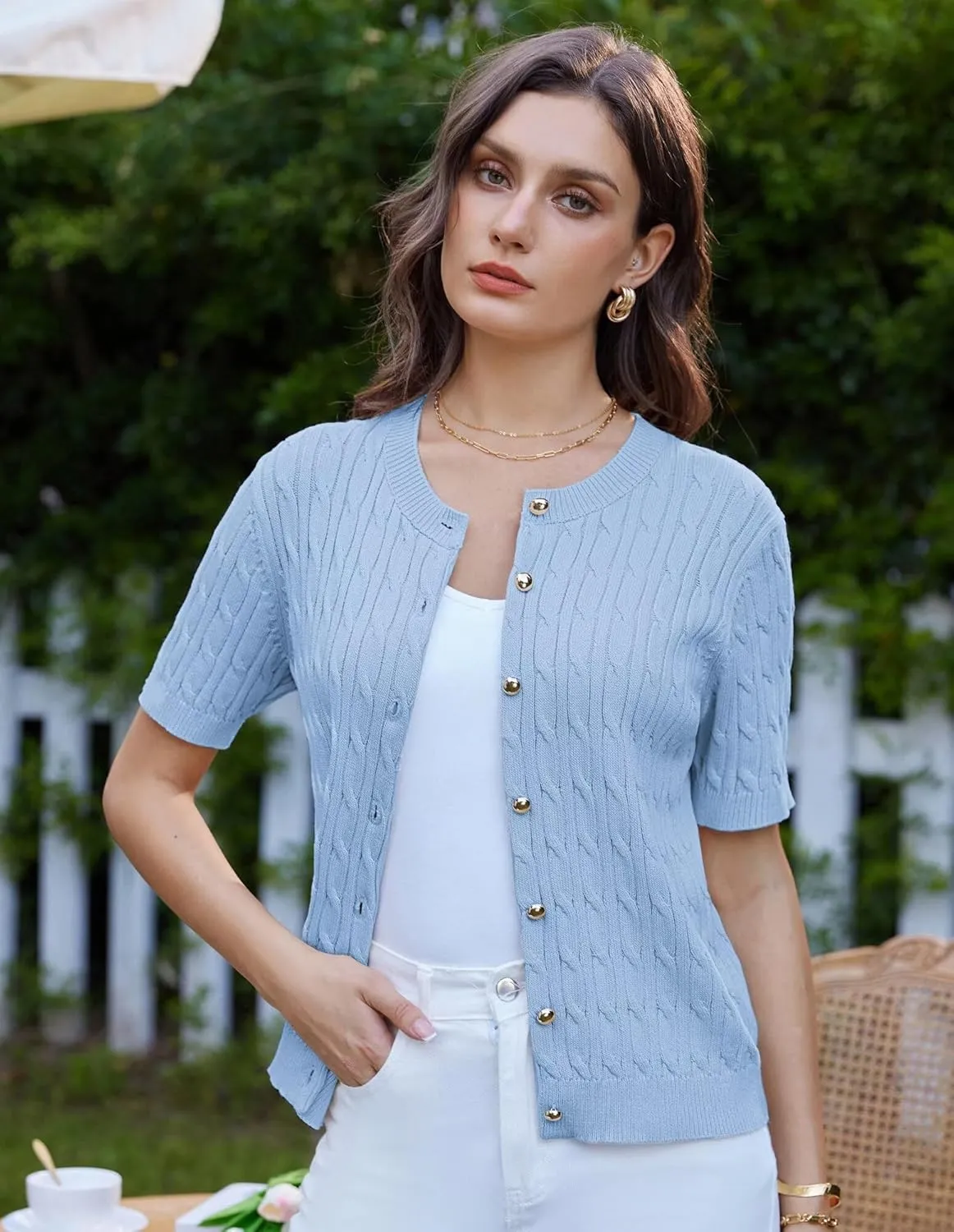 GRACE KARIN Women's Short Sleeve Button Up Summer Cardigan Sweater Y2K Cardigan Jacket (Runs Big, Suggest Size Down)