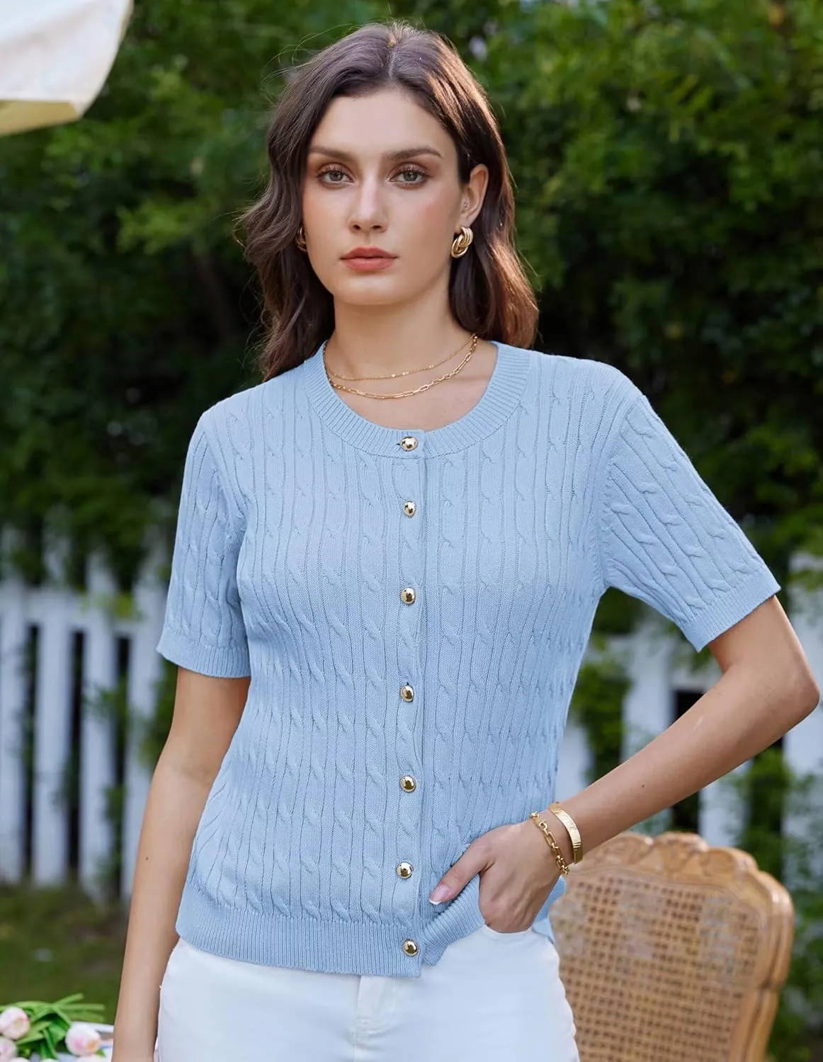 GRACE KARIN Women's Short Sleeve Button Up Summer Cardigan Sweater Y2K Cardigan Jacket (Runs Big, Suggest Size Down)