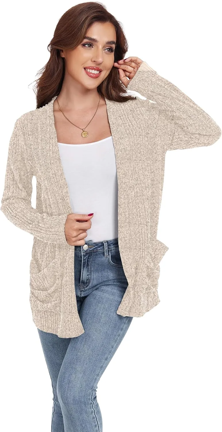 GRECERELLE Womens 2024 Long Sleeve Lightweight Open Front Casual Cardigan Sweaters Outerwear with Pockets