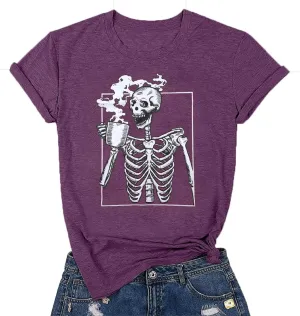 Halloween Hot Coffee Skeleton Shirt Funny Vintage Skull Graphic Shirts Casual Horror Fall Tee Tops