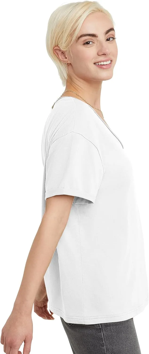 Hanes Women's Originals V-Neck Short Sleeve T-Shirt with Raw Edge, 100% Cotton Tee