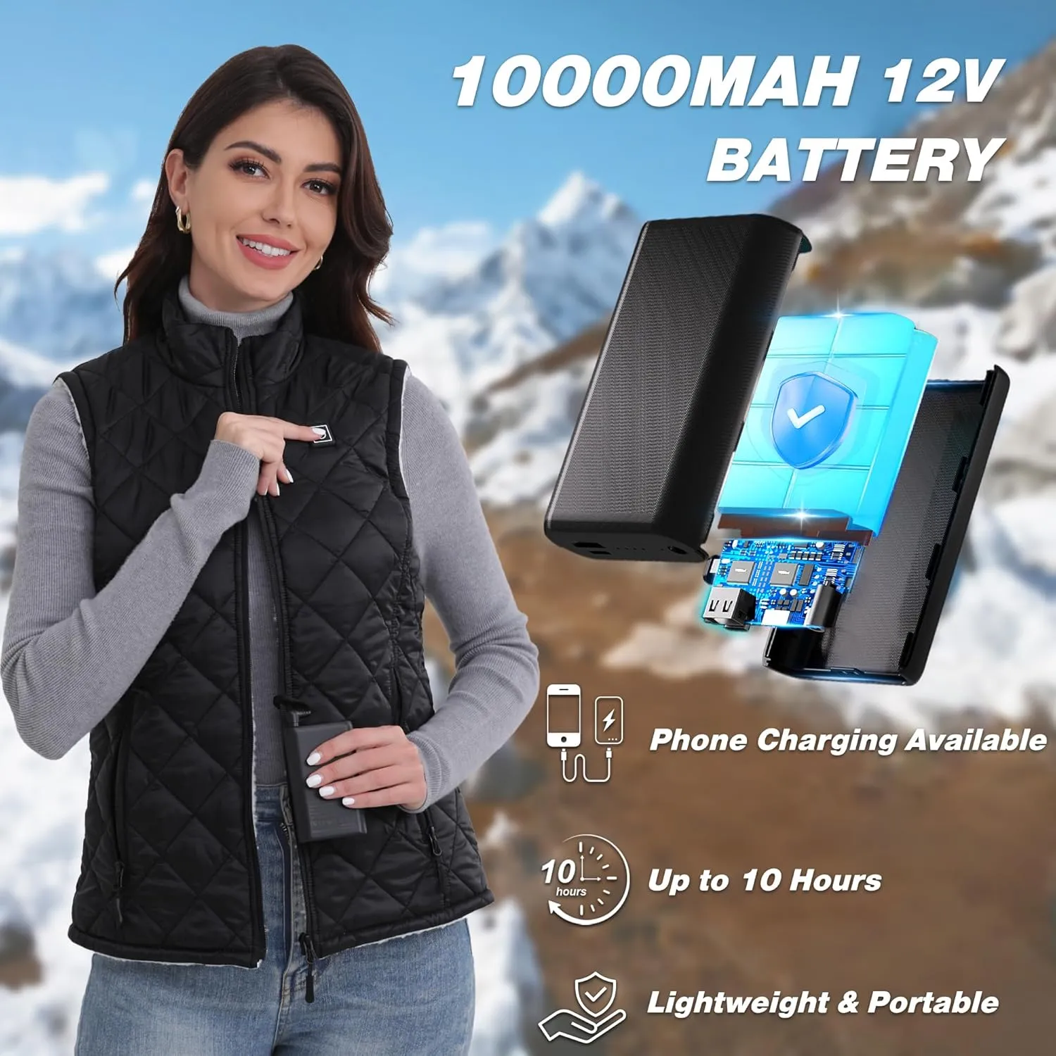 Heated Vest for Women with 12V 10000mAh Battery Pack, Women's Lightweight Electric Heating Vest Liner Winter Outdoor