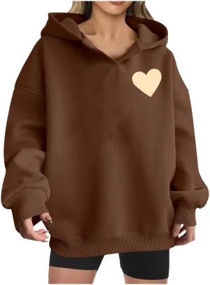 HGps8w Oversized Hoodies for Women Cute Heart Print Tops Loose Pullover Casual Long Sleeve Drop Shoulder Hooded Sweatshirt