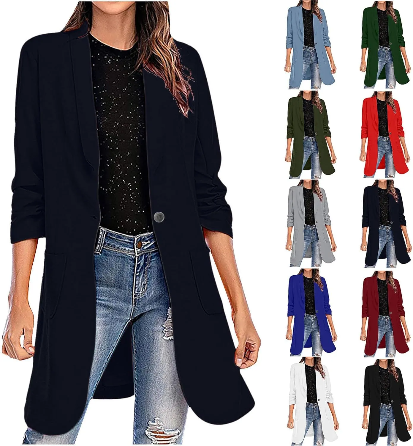 HGps8w Women's Long Blazers Casual Open Front Long Sleeve Lapel Suit Jacket Elegant Plain Work Office Blazer Jackets