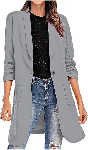 HGps8w Women's Long Blazers Casual Open Front Long Sleeve Lapel Suit Jacket Elegant Plain Work Office Blazer Jackets