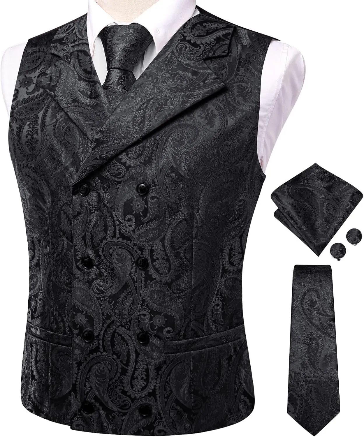 Hi-Tie Mens Silk Paisley Victorian Suit Vests Tie Set Lapel Pin Gold Tie Clip Double Breasted Steampunk Tuxedo Waistcoat