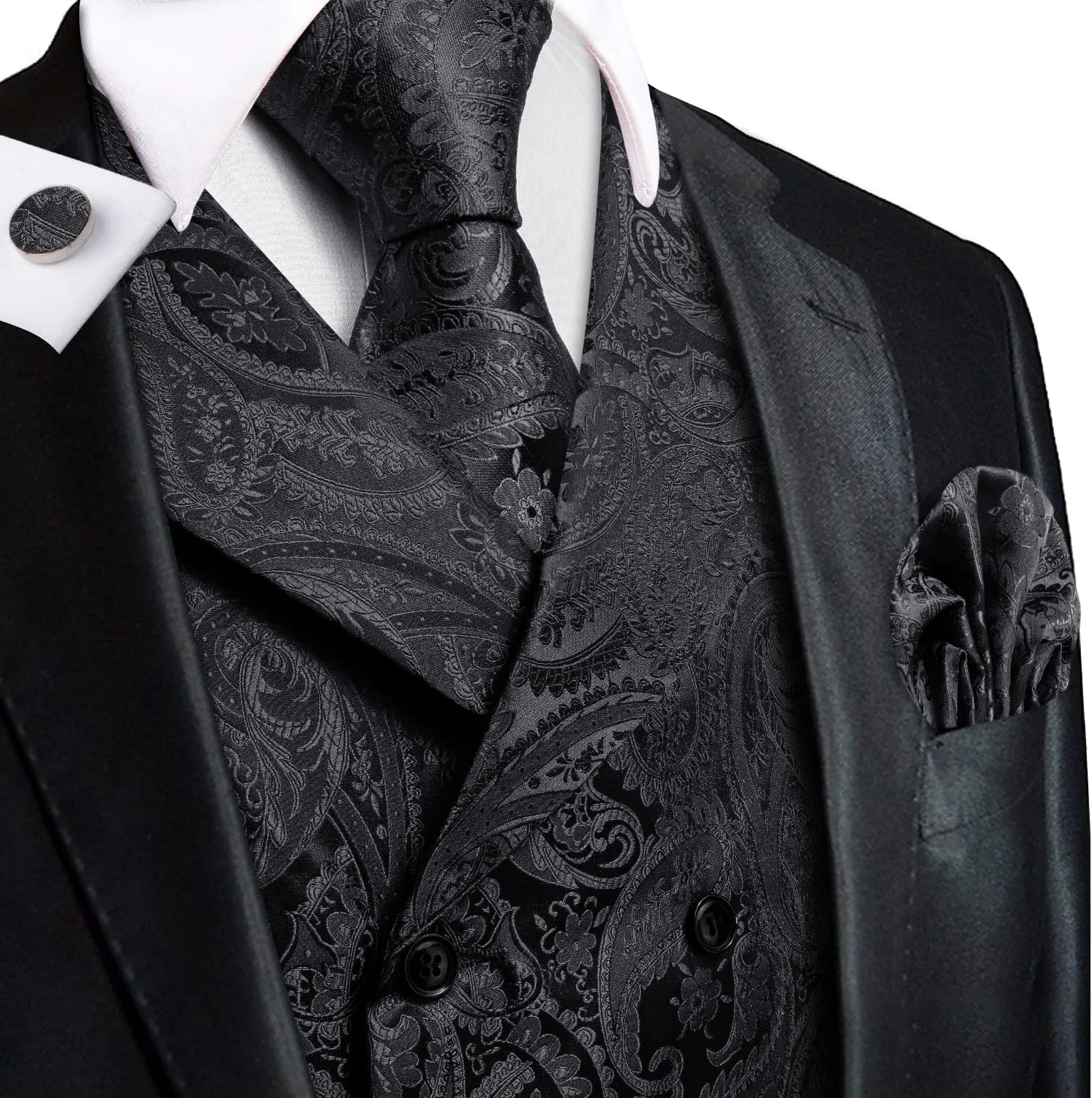 Hi-Tie Mens Silk Paisley Victorian Suit Vests Tie Set Lapel Pin Gold Tie Clip Double Breasted Steampunk Tuxedo Waistcoat