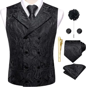 Hi-Tie Mens Silk Paisley Victorian Suit Vests Tie Set Lapel Pin Gold Tie Clip Double Breasted Steampunk Tuxedo Waistcoat
