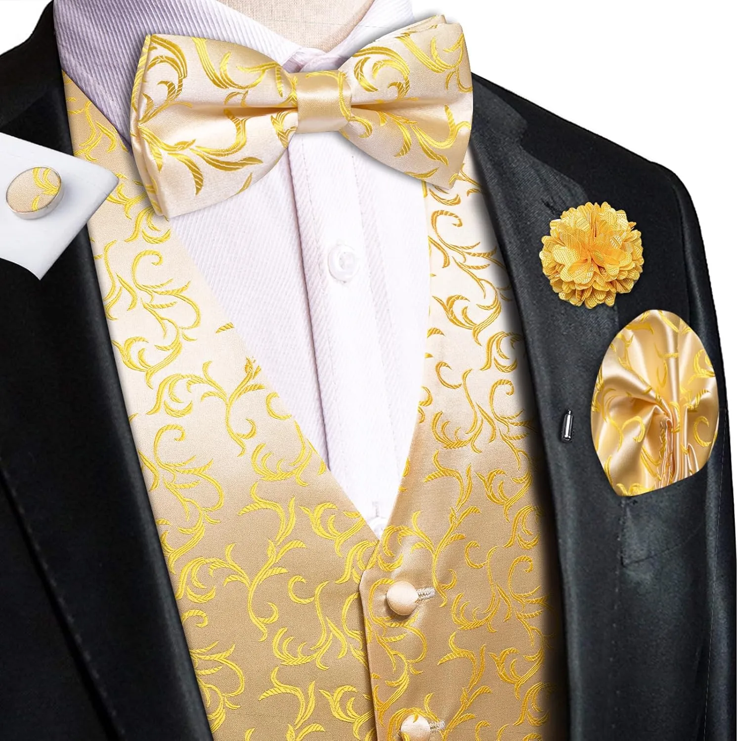Hi-Tie Silk Mens Suit Vest Tie and Bowtie Lapel Pin Gold Tie Clip Paisley Floral Waistcoat 8PCS Set Tuxedo Wedding Party