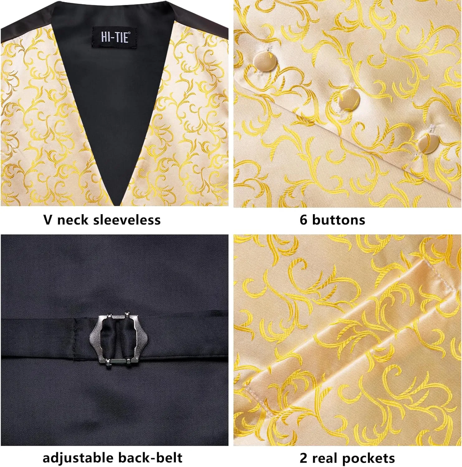 Hi-Tie Silk Mens Suit Vest Tie and Bowtie Lapel Pin Gold Tie Clip Paisley Floral Waistcoat 8PCS Set Tuxedo Wedding Party