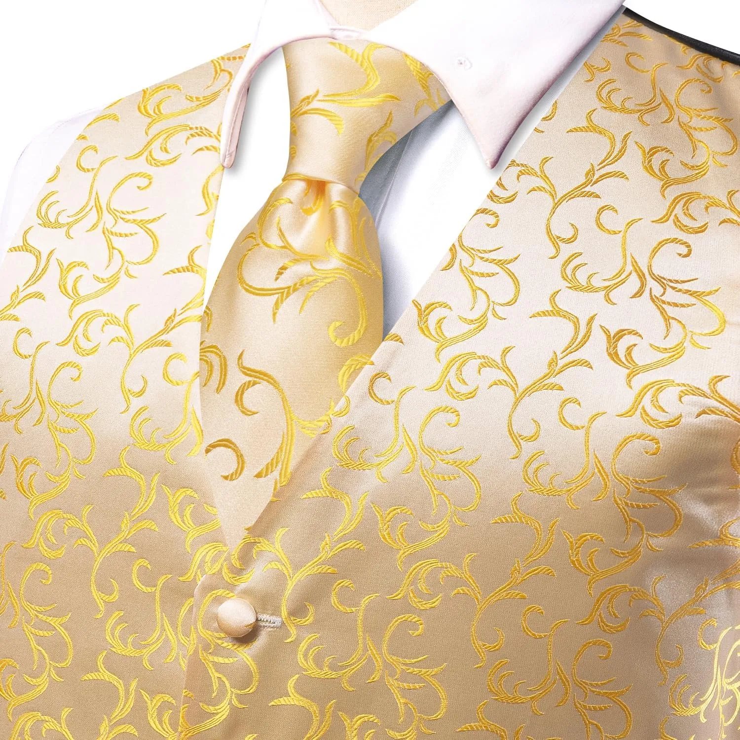 Hi-Tie Silk Mens Suit Vest Tie and Bowtie Lapel Pin Gold Tie Clip Paisley Floral Waistcoat 8PCS Set Tuxedo Wedding Party