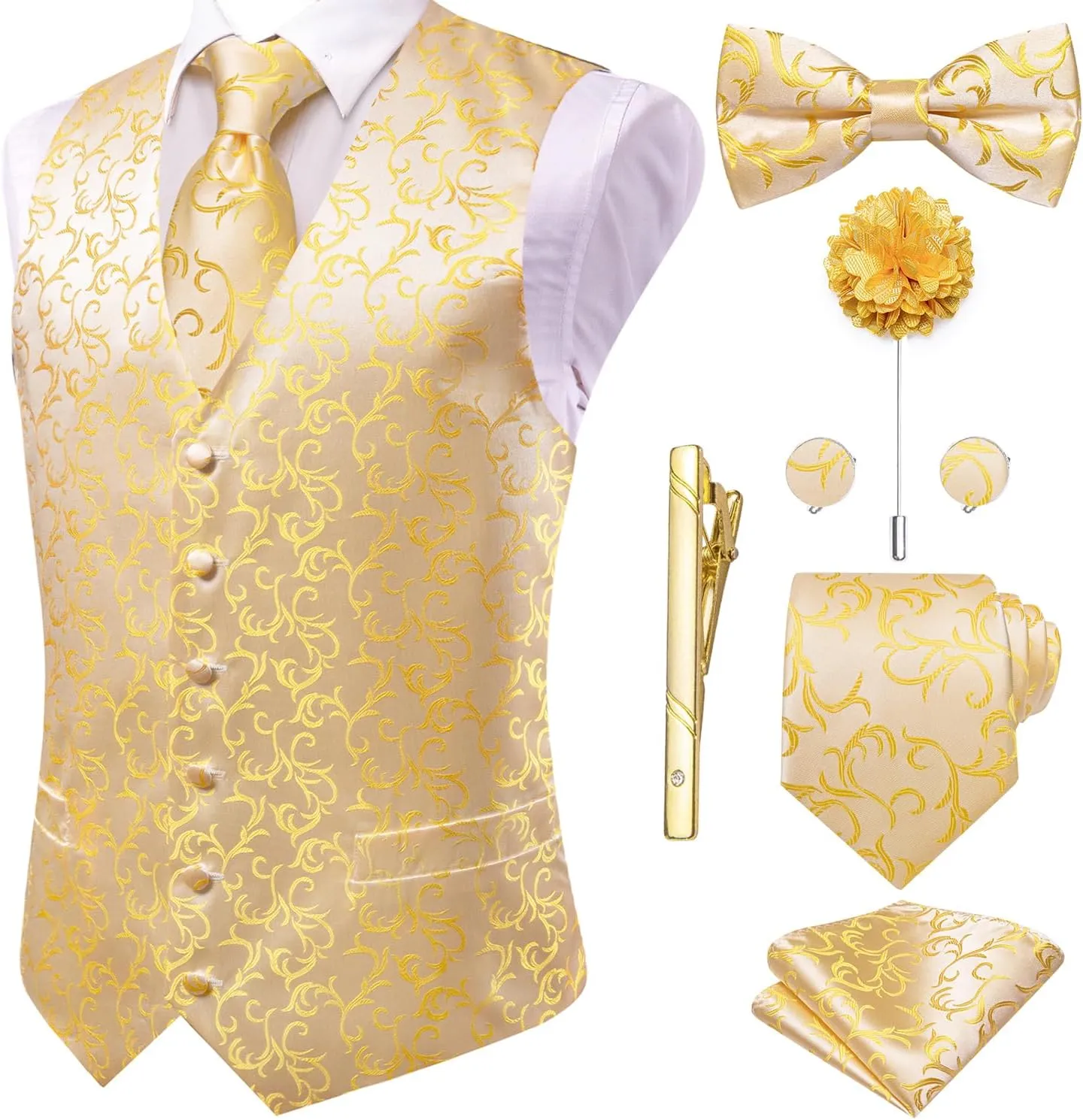 Hi-Tie Silk Mens Suit Vest Tie and Bowtie Lapel Pin Gold Tie Clip Paisley Floral Waistcoat 8PCS Set Tuxedo Wedding Party
