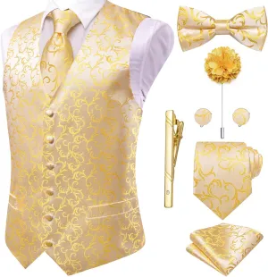 Hi-Tie Silk Mens Suit Vest Tie and Bowtie Lapel Pin Gold Tie Clip Paisley Floral Waistcoat 8PCS Set Tuxedo Wedding Party