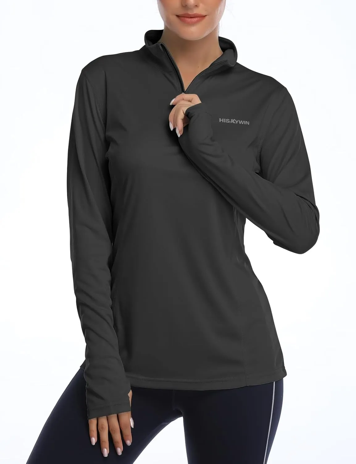 HISKYWIN Womens UPF 50  Sun Protection Tops Long Sleeve Half-Zip Thumb Hole Outdoor Workout Shirt