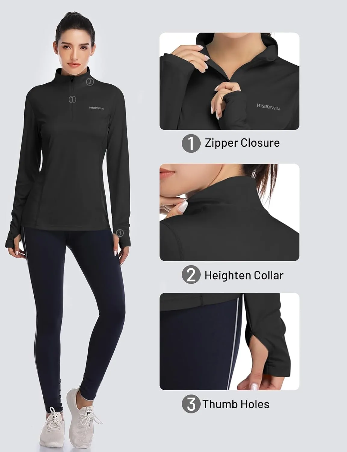 HISKYWIN Womens UPF 50  Sun Protection Tops Long Sleeve Half-Zip Thumb Hole Outdoor Workout Shirt