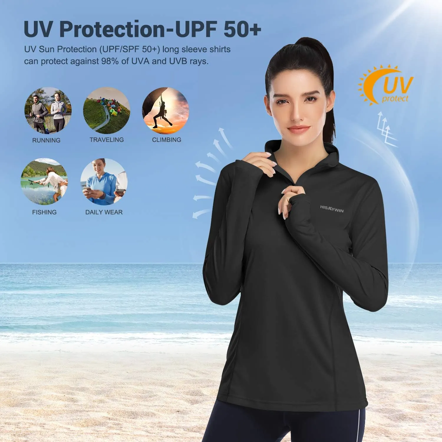 HISKYWIN Womens UPF 50  Sun Protection Tops Long Sleeve Half-Zip Thumb Hole Outdoor Workout Shirt