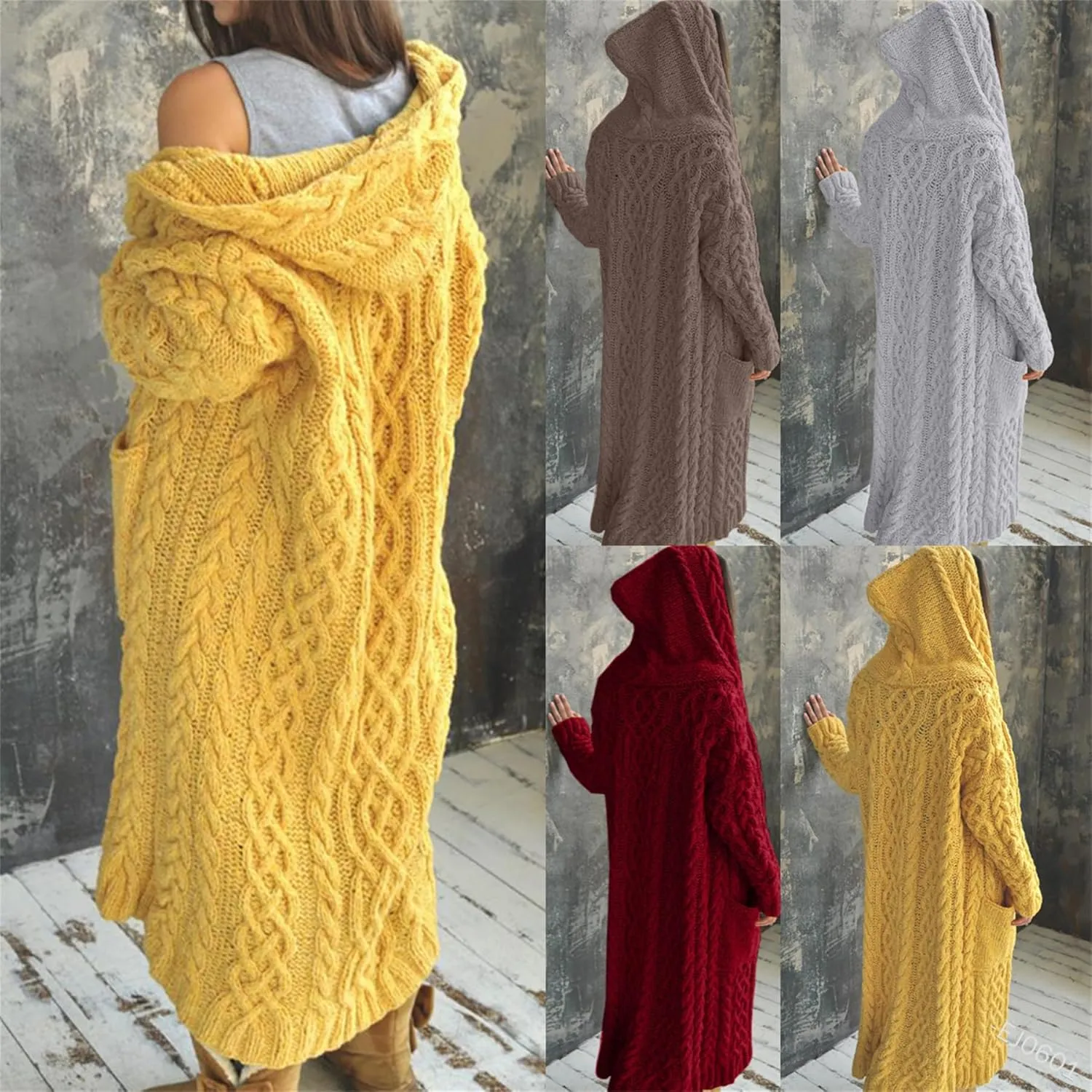 Hooded Long Sweater Cardigan Women Open Front Sweater Coat Cable Knit Duster Cardigans Plus Size Chunky Long Cardigan