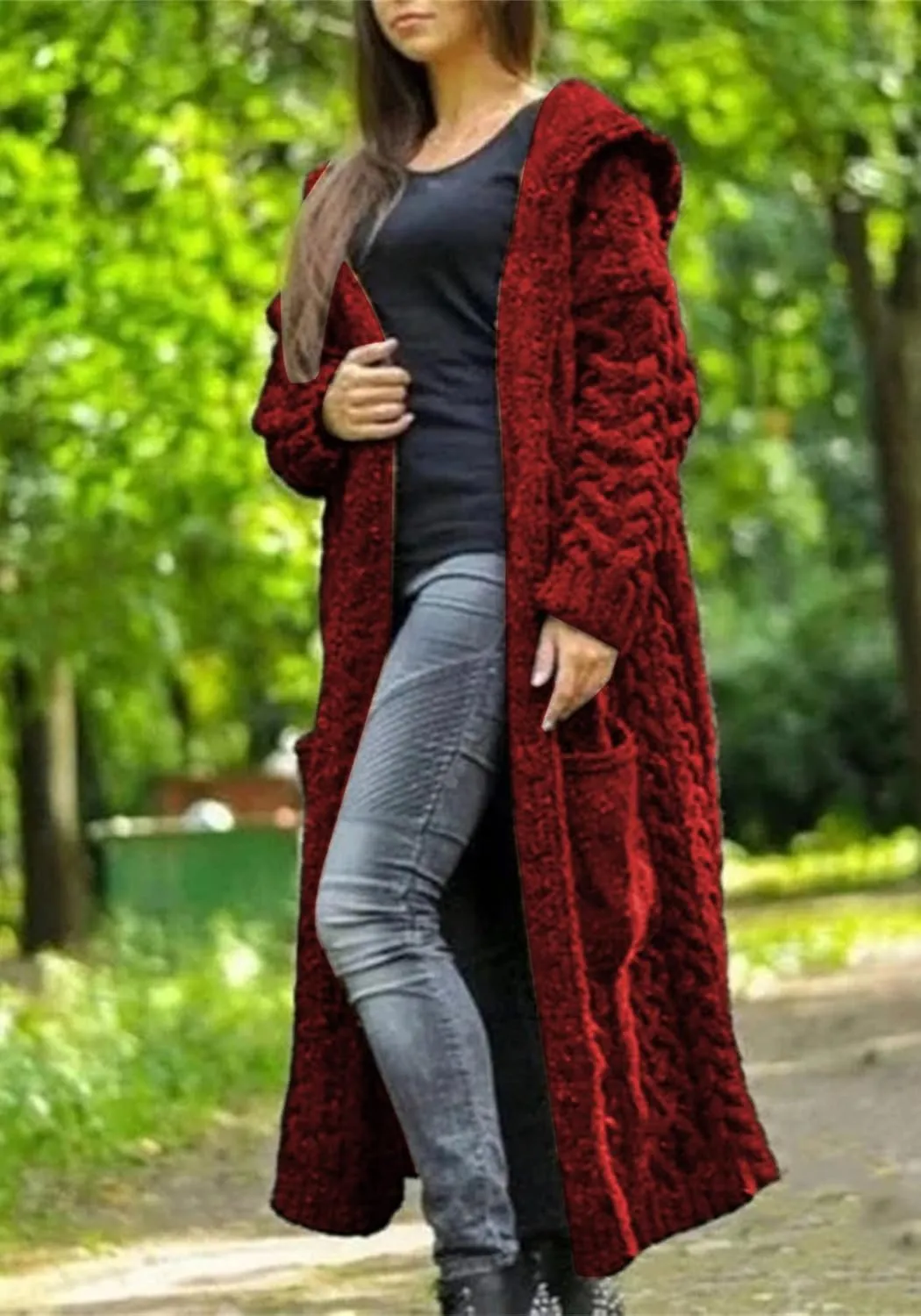 Hooded Long Sweater Cardigan Women Open Front Sweater Coat Cable Knit Duster Cardigans Plus Size Chunky Long Cardigan