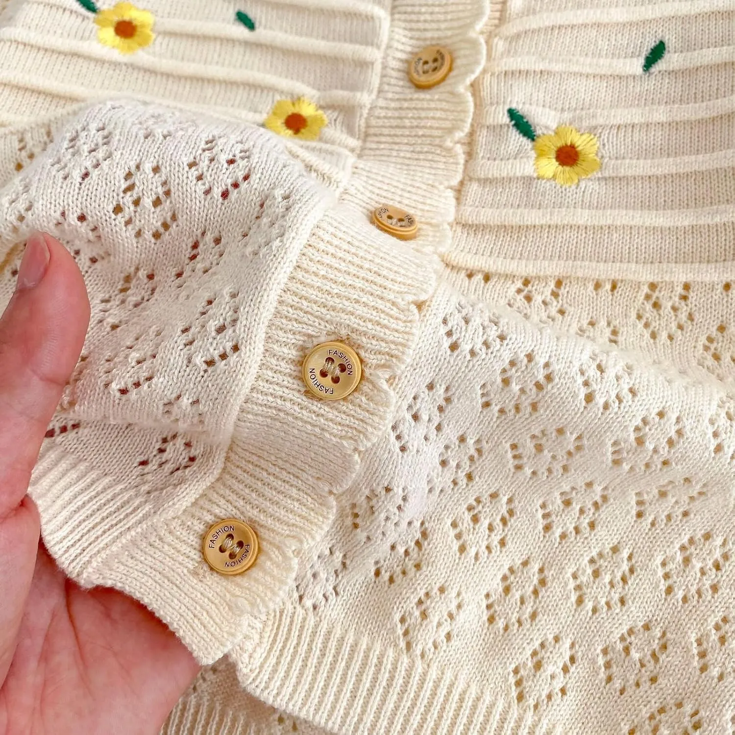 HOOLCHEAN Baby Spring Summer Embroider Flower Thin Knitted Sweater Vintage Knit Cardigan