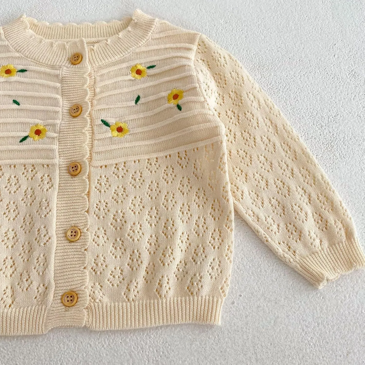 HOOLCHEAN Baby Spring Summer Embroider Flower Thin Knitted Sweater Vintage Knit Cardigan