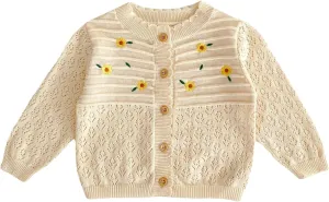HOOLCHEAN Baby Spring Summer Embroider Flower Thin Knitted Sweater Vintage Knit Cardigan