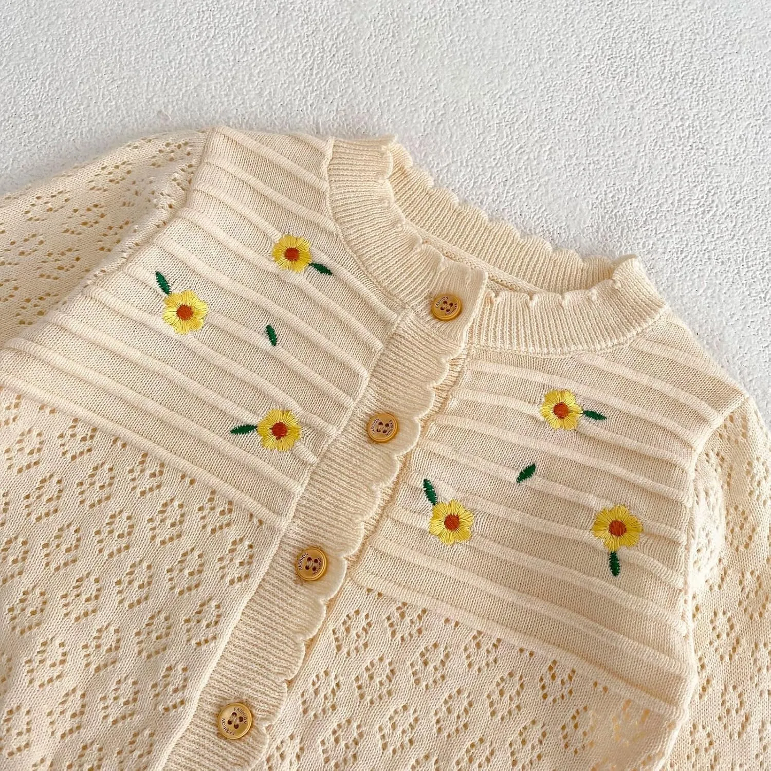 HOOLCHEAN Baby Spring Summer Embroider Flower Thin Knitted Sweater Vintage Knit Cardigan