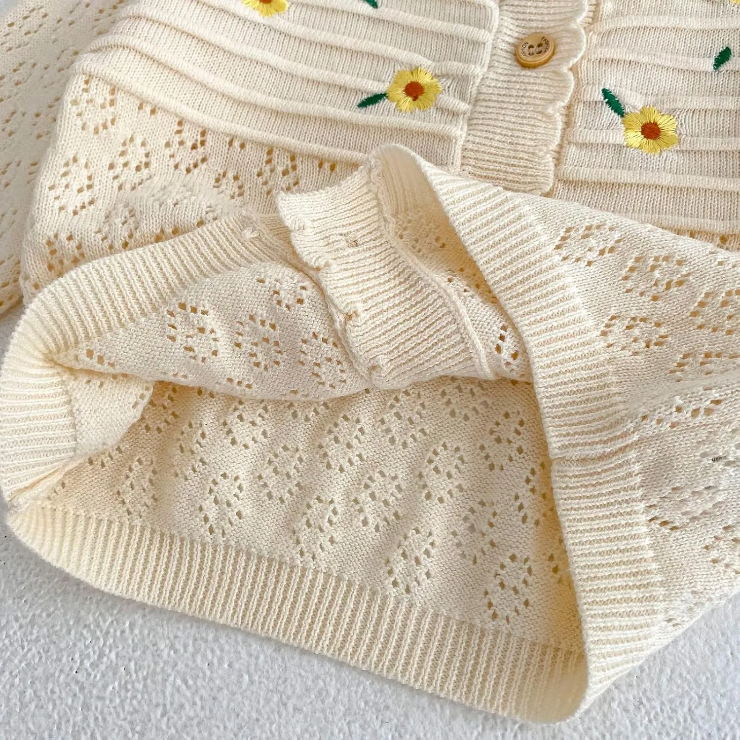 HOOLCHEAN Baby Spring Summer Embroider Flower Thin Knitted Sweater Vintage Knit Cardigan