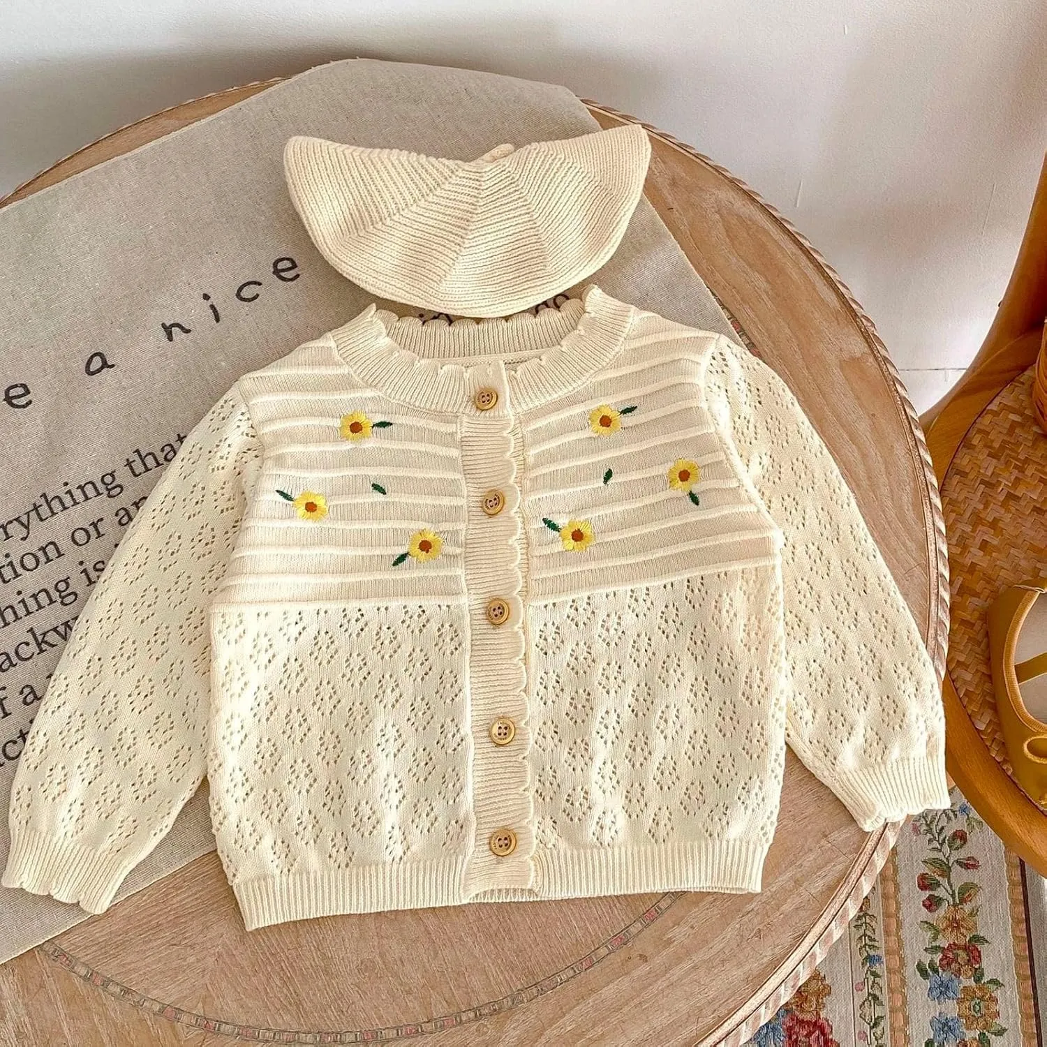 HOOLCHEAN Baby Spring Summer Embroider Flower Thin Knitted Sweater Vintage Knit Cardigan