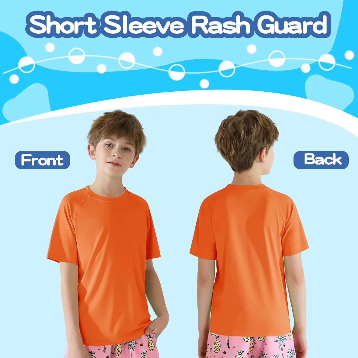 Hotfiary Boys Short Sleeve Rash Guard UPF50  Swim Shirt Quick Dry Water Sun Neon Athletic Shirts for Girls Kids Youth 5-14 Y