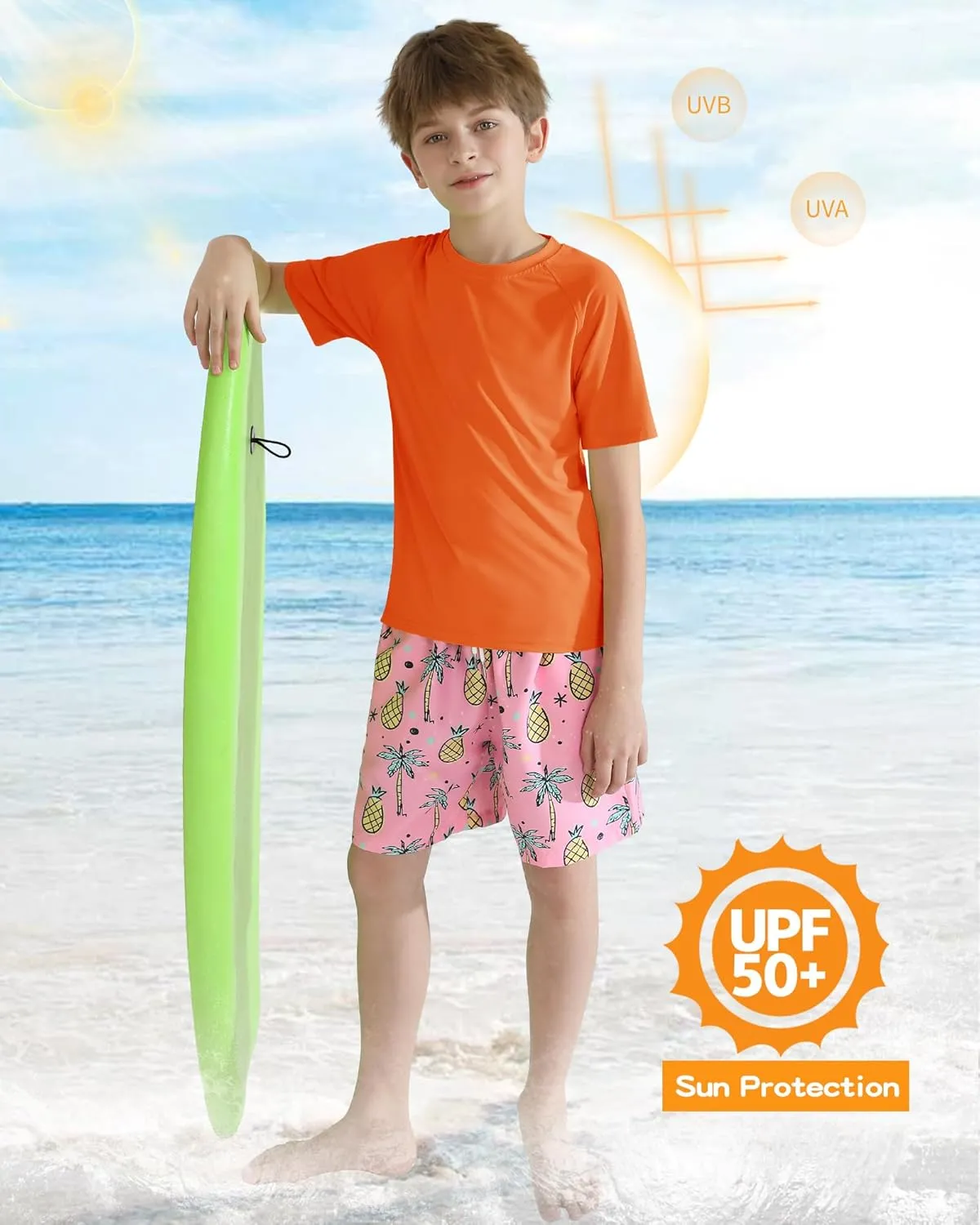 Hotfiary Boys Short Sleeve Rash Guard UPF50  Swim Shirt Quick Dry Water Sun Neon Athletic Shirts for Girls Kids Youth 5-14 Y