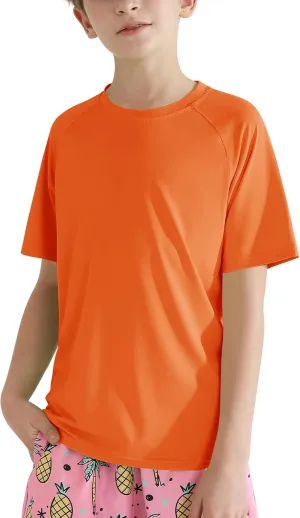 Hotfiary Boys Short Sleeve Rash Guard UPF50  Swim Shirt Quick Dry Water Sun Neon Athletic Shirts for Girls Kids Youth 5-14 Y