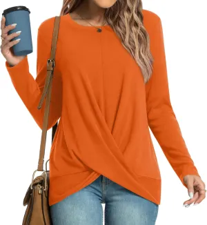 HOTGIFT Women's Long Sleeve Tunic Tops Casual Crewneck T-Shirts Front Twist Top Tee Blouse For Leggings