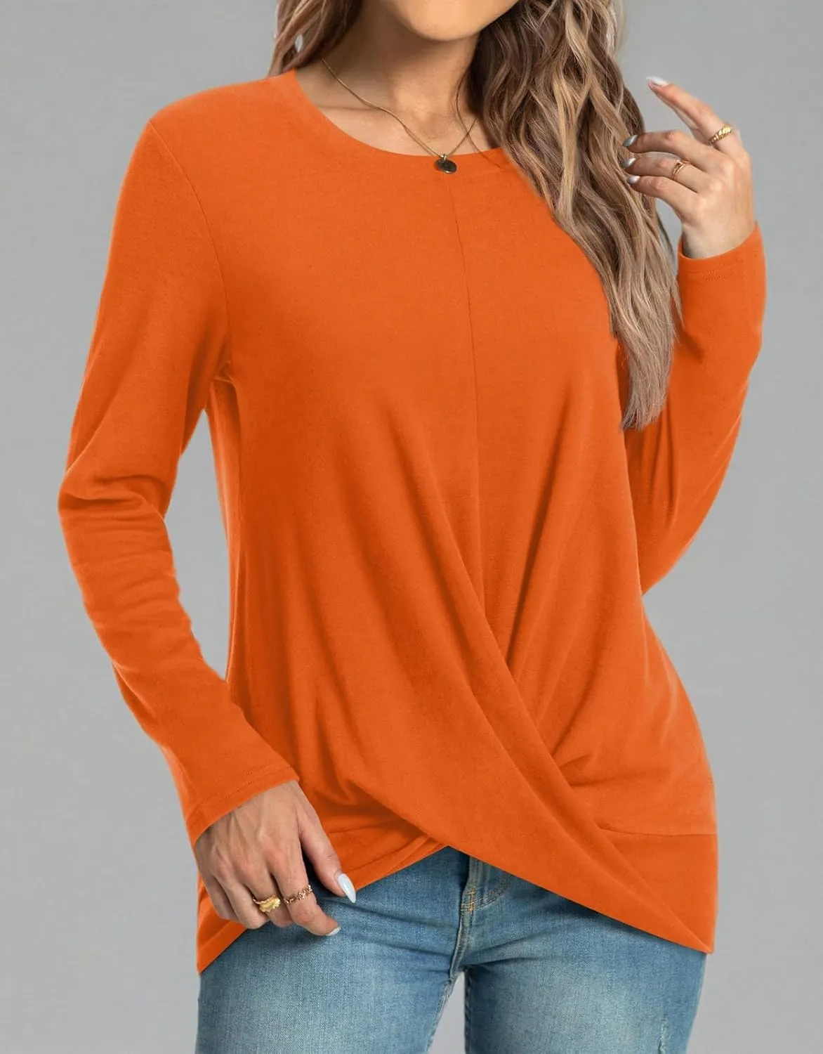 HOTGIFT Women's Long Sleeve Tunic Tops Casual Crewneck T-Shirts Front Twist Top Tee Blouse For Leggings