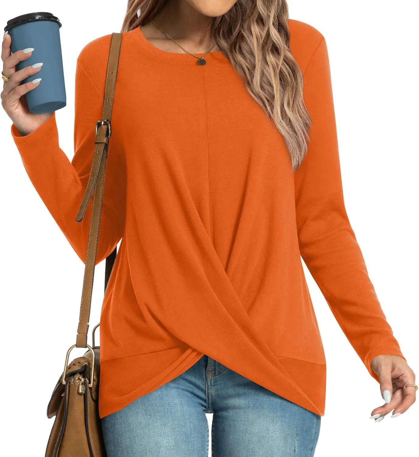 HOTGIFT Women's Long Sleeve Tunic Tops Casual Crewneck T-Shirts Front Twist Top Tee Blouse For Leggings