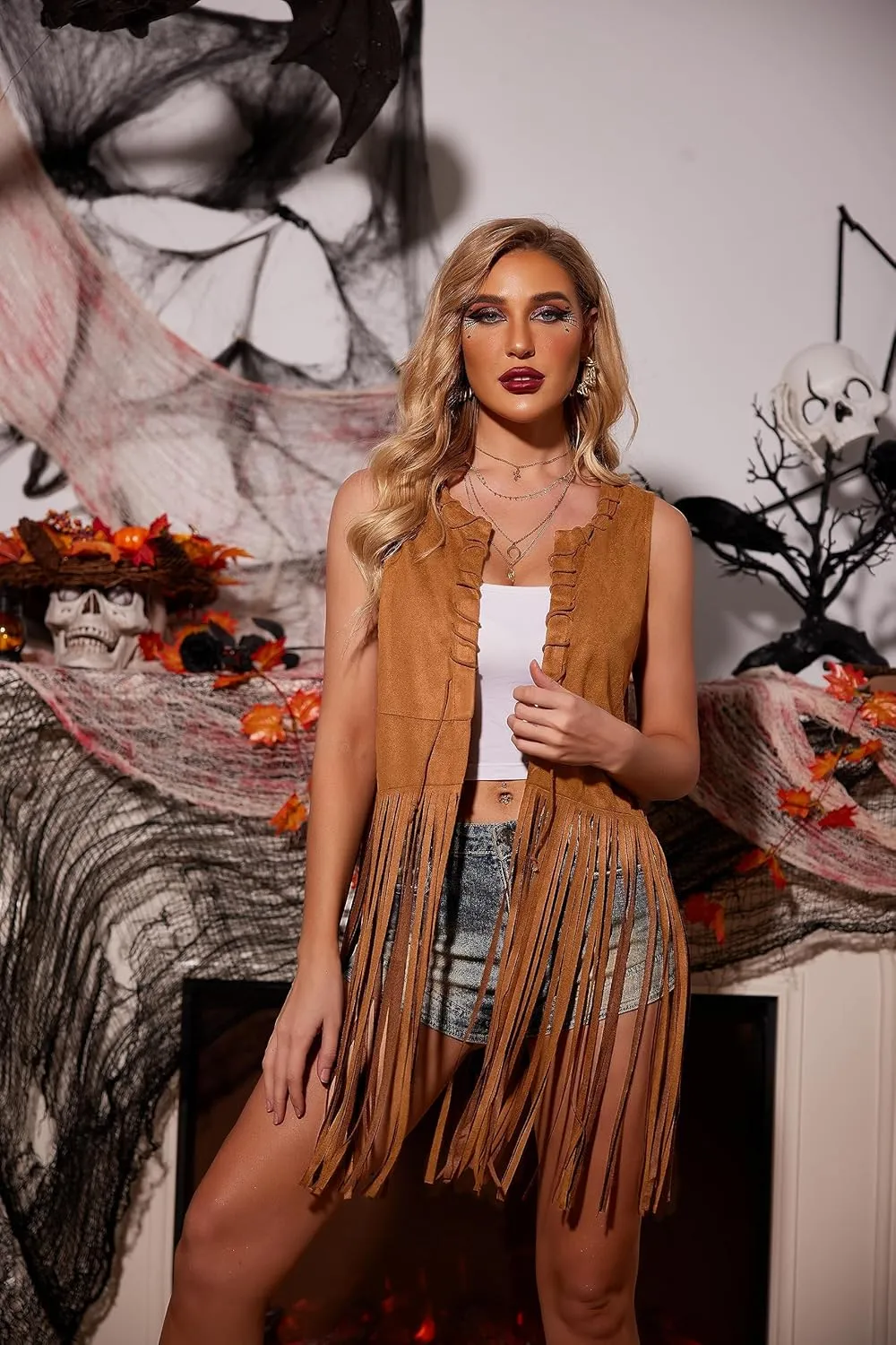 HOTOUCH Women Fringe Vest 70s Hippie Faux Suede Sleeveless Tassels Cardigan Cowgirl Western Tops