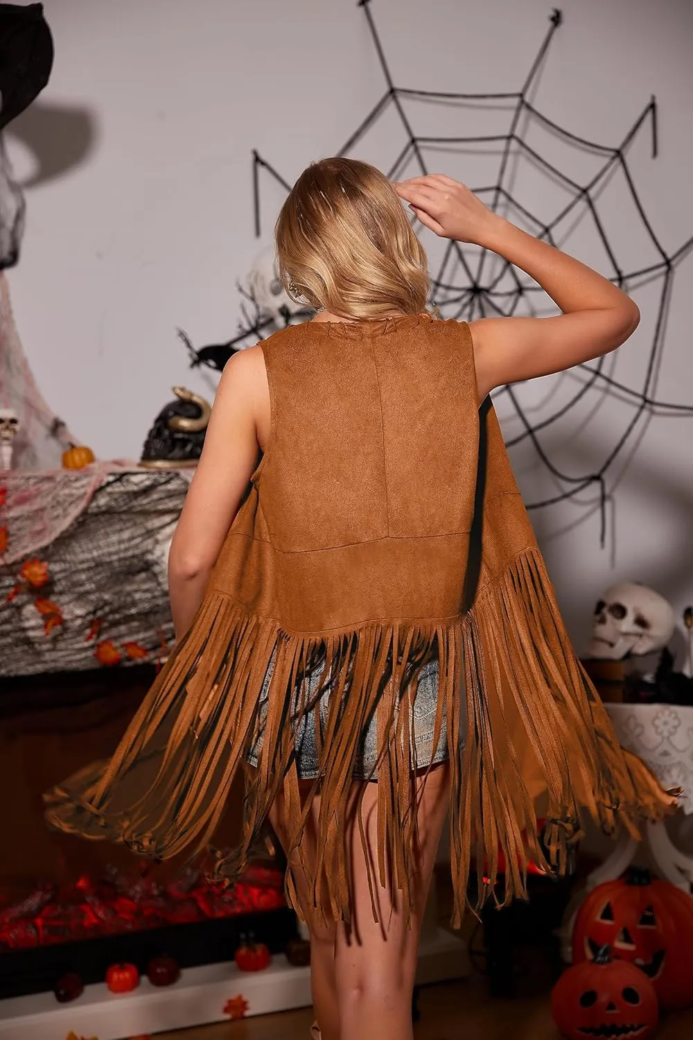 HOTOUCH Women Fringe Vest 70s Hippie Faux Suede Sleeveless Tassels Cardigan Cowgirl Western Tops
