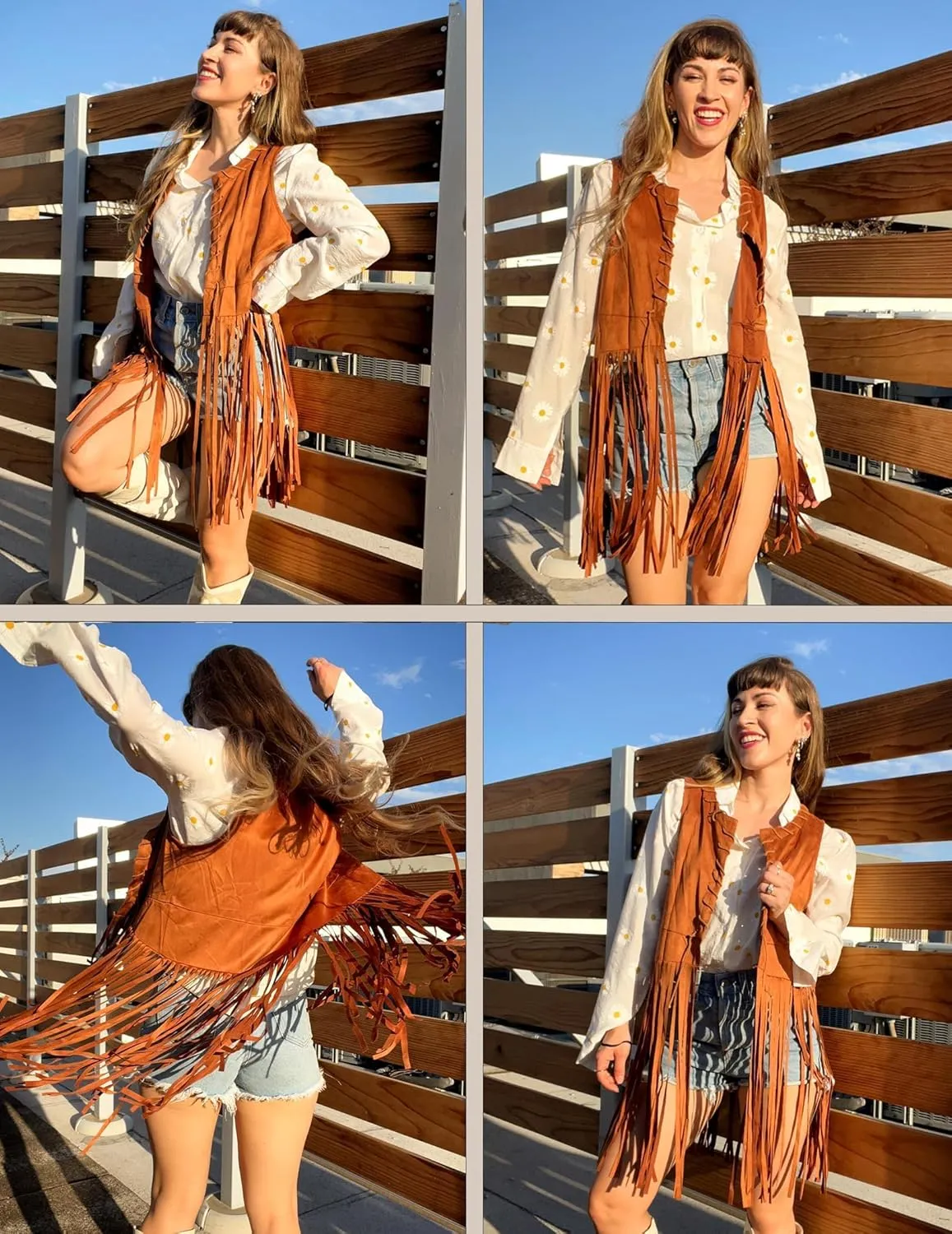 HOTOUCH Women Fringe Vest 70s Hippie Faux Suede Sleeveless Tassels Cardigan Cowgirl Western Tops