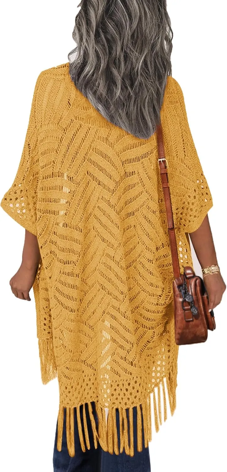 HOTOUCH Womens Knit Cardigan Open Front Outwear Hollow Out Crochet Tassel Lightweight Kimonos Sweater S-XXL