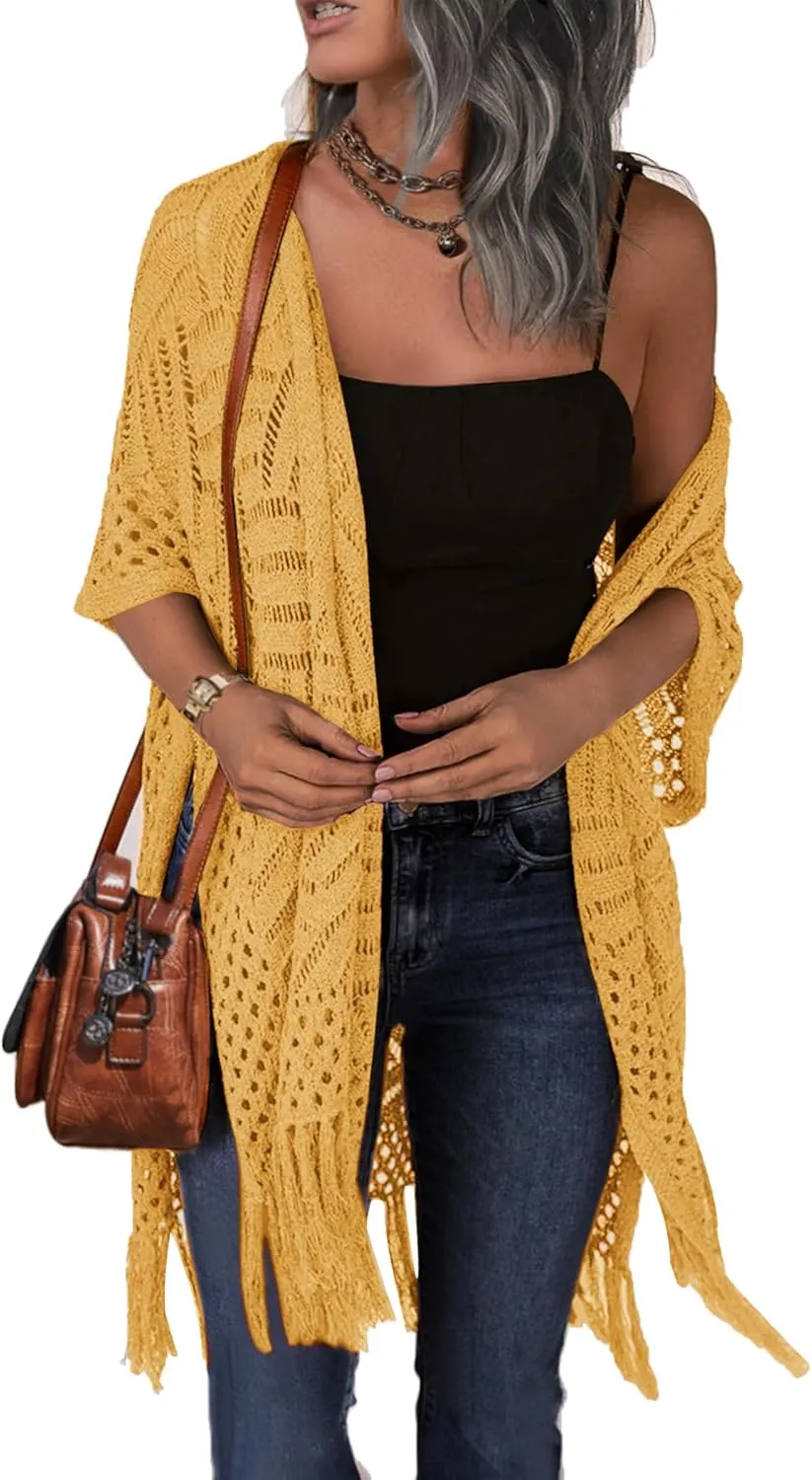 HOTOUCH Womens Knit Cardigan Open Front Outwear Hollow Out Crochet Tassel Lightweight Kimonos Sweater S-XXL