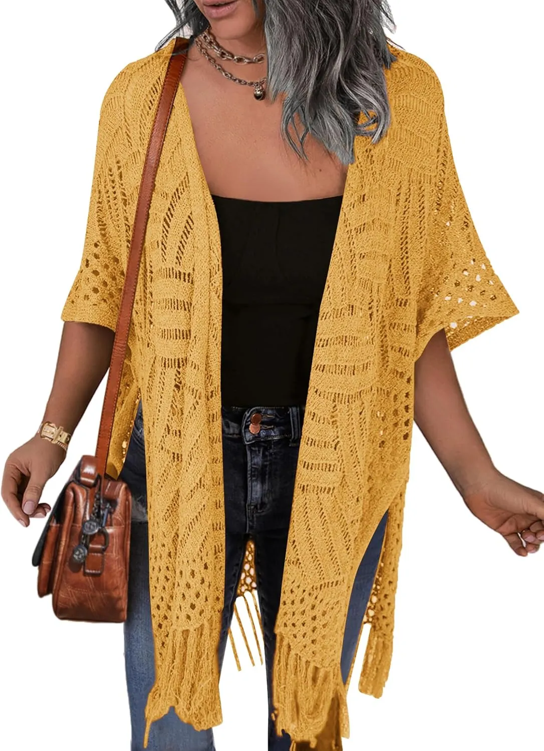 HOTOUCH Womens Knit Cardigan Open Front Outwear Hollow Out Crochet Tassel Lightweight Kimonos Sweater S-XXL