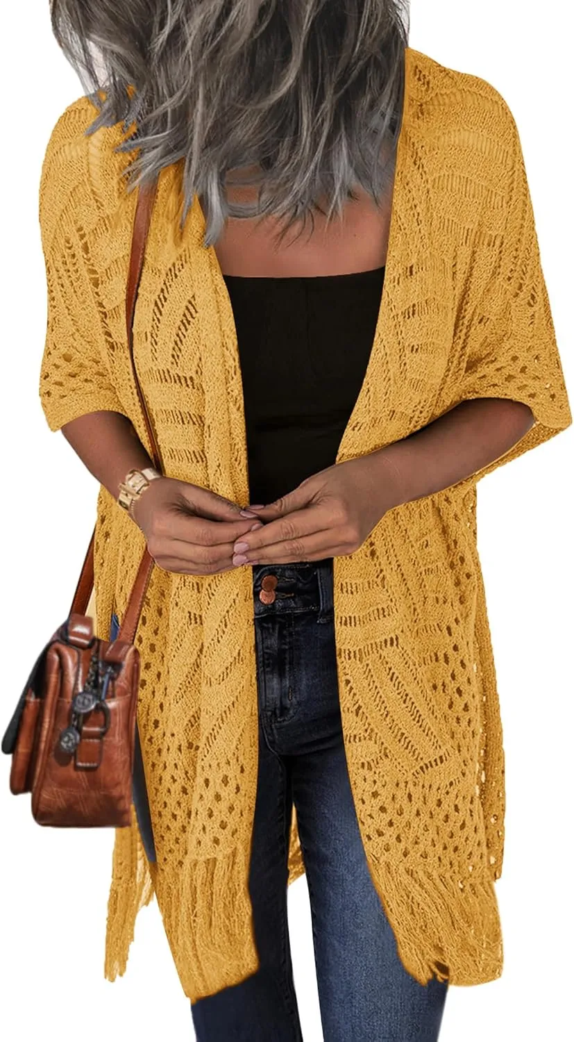 HOTOUCH Womens Knit Cardigan Open Front Outwear Hollow Out Crochet Tassel Lightweight Kimonos Sweater S-XXL