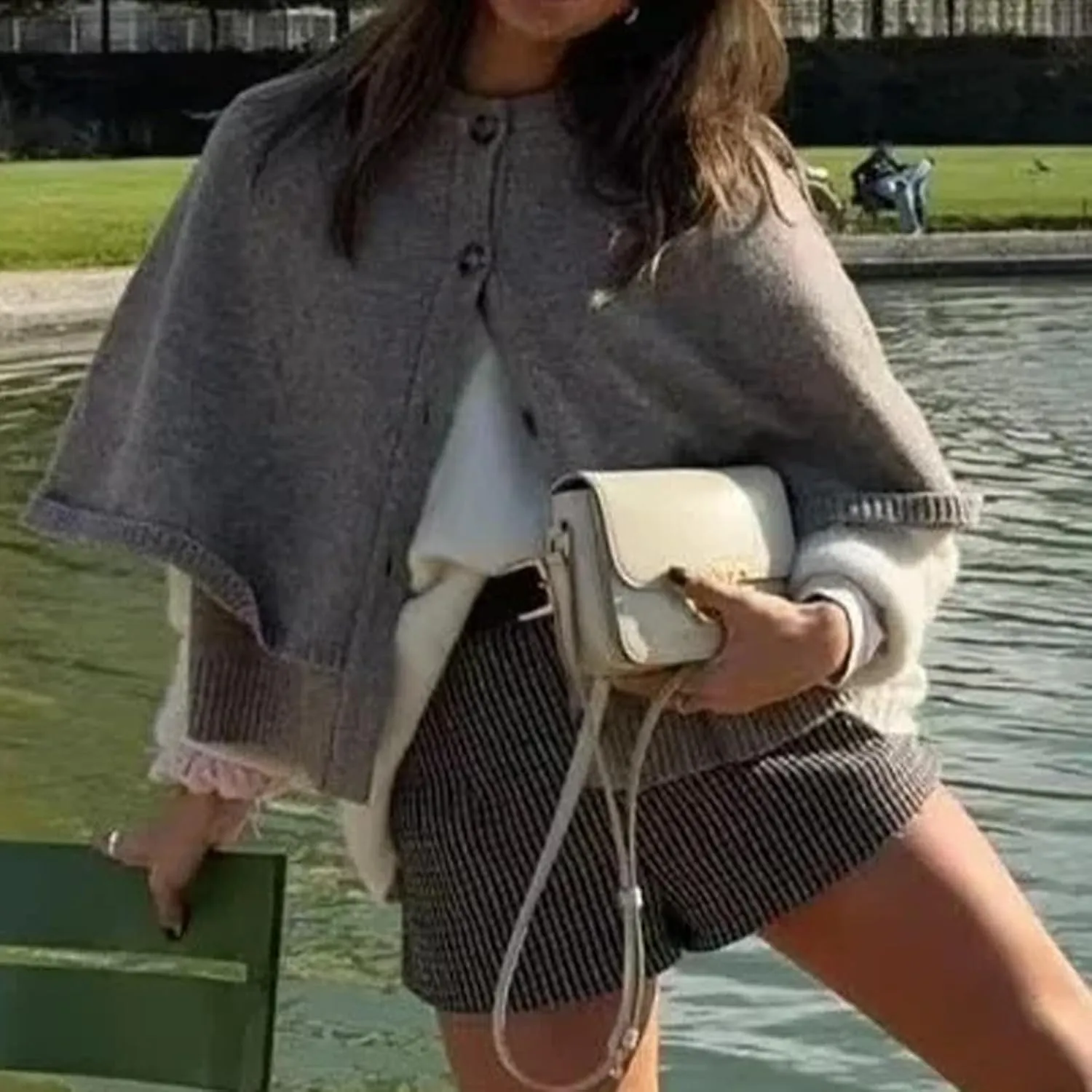 HOULENGS Women's Round Neck Knitted Shawl Cardigan Sweater Half Sleeve Button Cropped Cape Sweater Coat