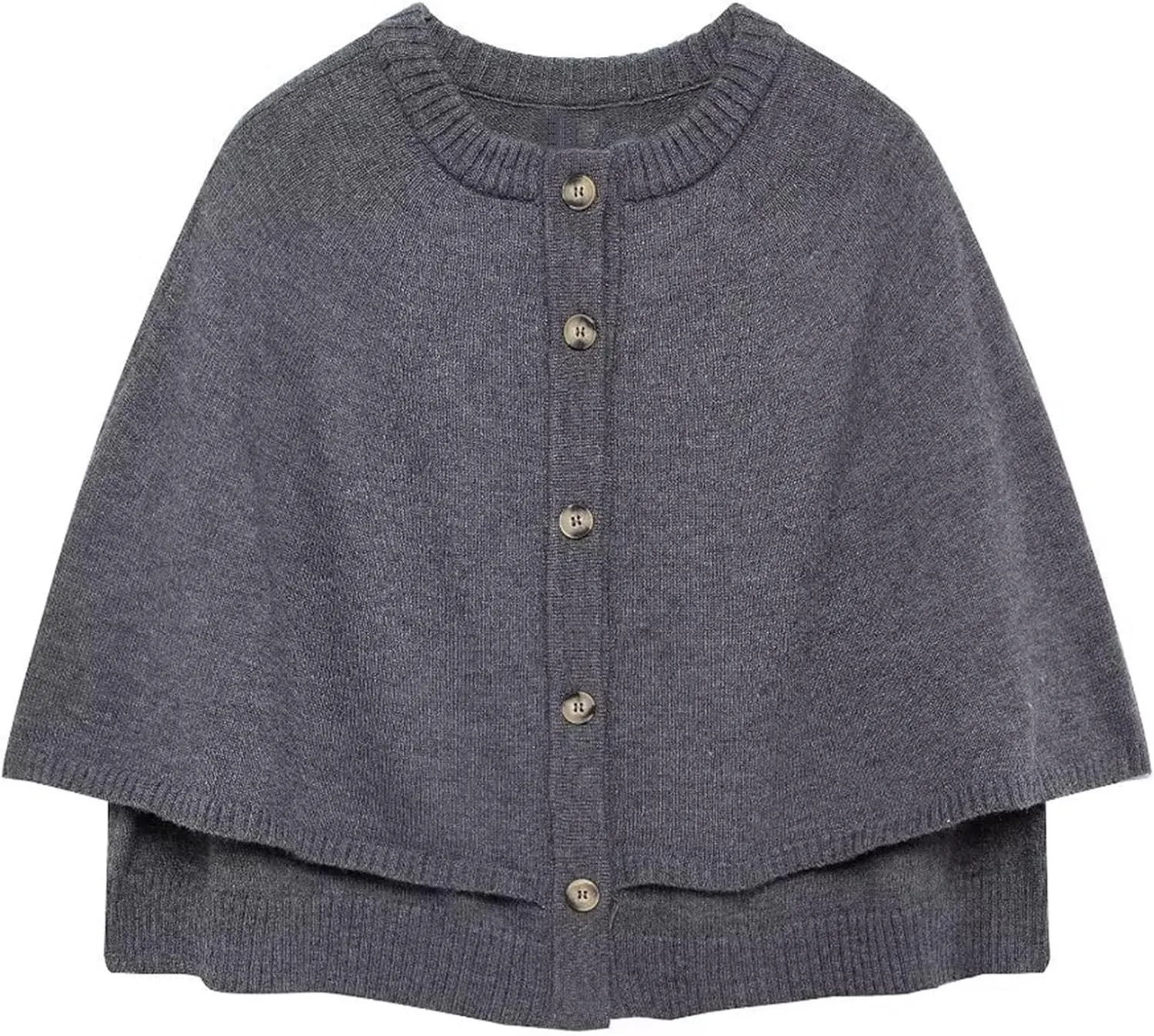 HOULENGS Women's Round Neck Knitted Shawl Cardigan Sweater Half Sleeve Button Cropped Cape Sweater Coat