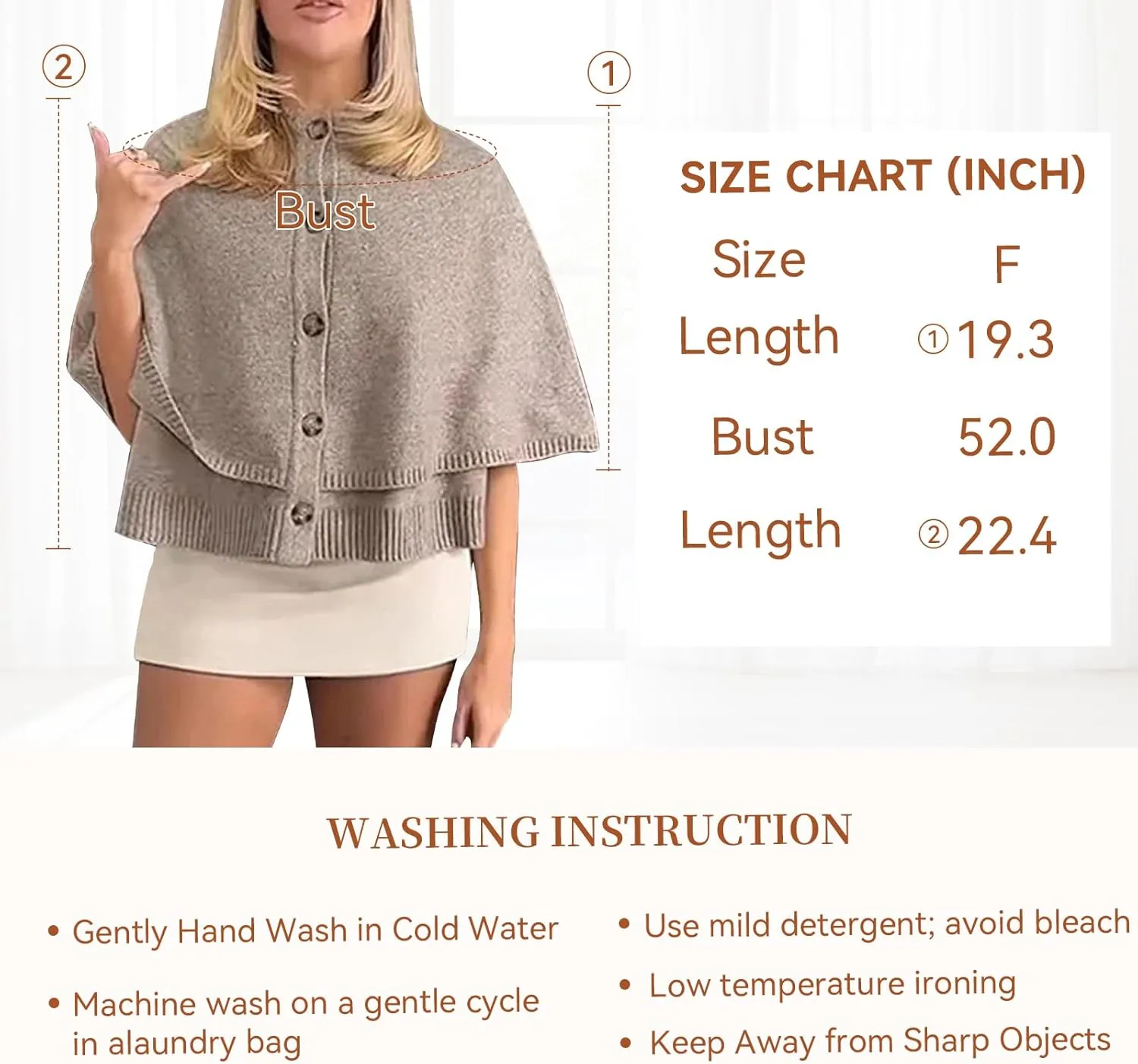 HOULENGS Women's Round Neck Knitted Shawl Cardigan Sweater Half Sleeve Button Cropped Cape Sweater Coat