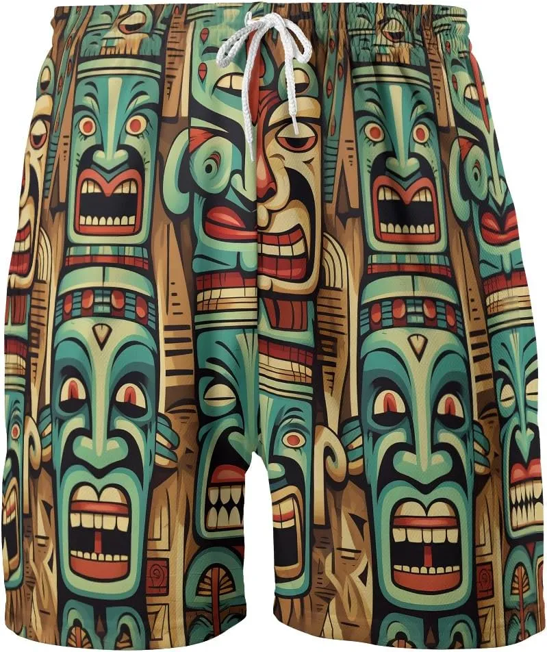 Hula Tiki Mens Hawaiian Sport Shorts - Tropical Tiki Hawaiian Shorts for Men - Casual Drawstring Beachwear Shorts Series 16