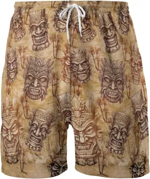 Hula Tiki Mens Hawaiian Sport Shorts - Tropical Tiki Hawaiian Shorts for Men - Casual Drawstring Beachwear Shorts Series 16