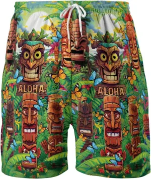 Hula Tiki Mens Hawaiian Sport Shorts - Tropical Tiki Hawaiian Shorts for Men - Casual Drawstring Beachwear Shorts Series 16