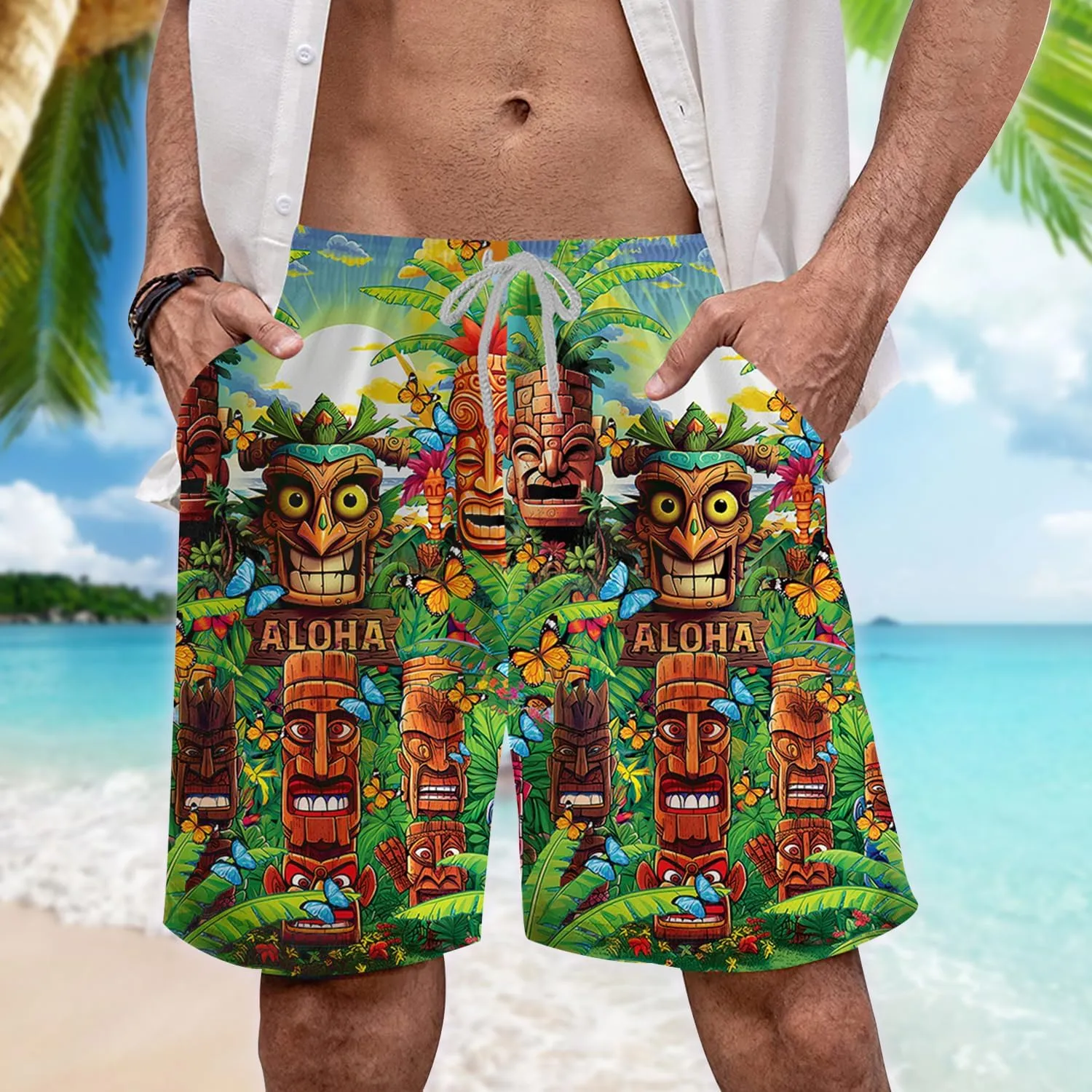 Hula Tiki Mens Hawaiian Sport Shorts - Tropical Tiki Hawaiian Shorts for Men - Casual Drawstring Beachwear Shorts Series 16